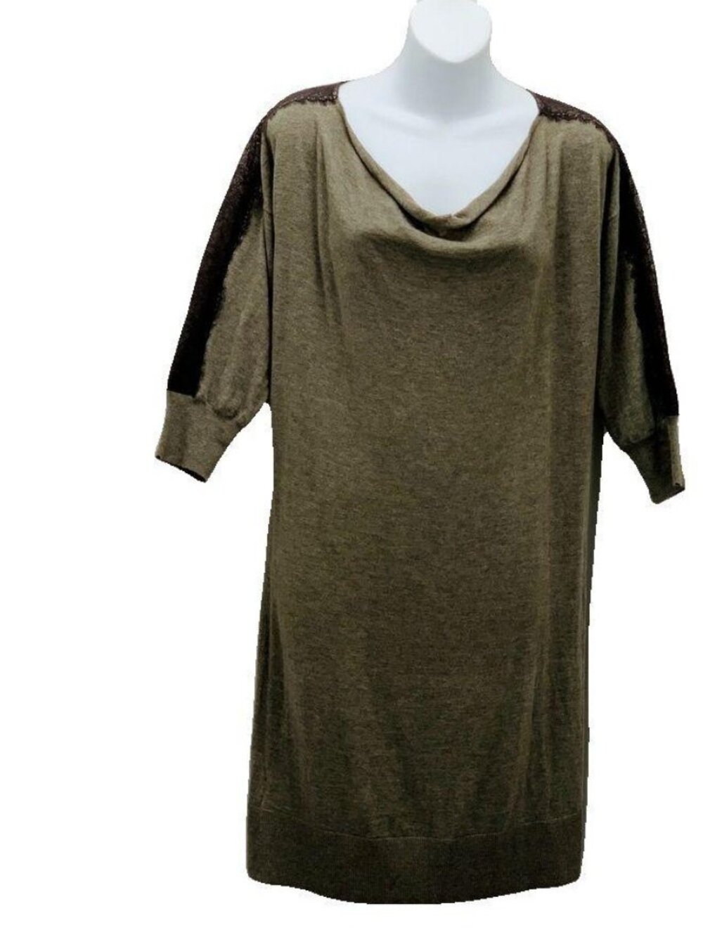 Ann Taylor Loft Brown Cowl Neck Dress With 3/4 Sleeves & Lace Shoulder Detail -